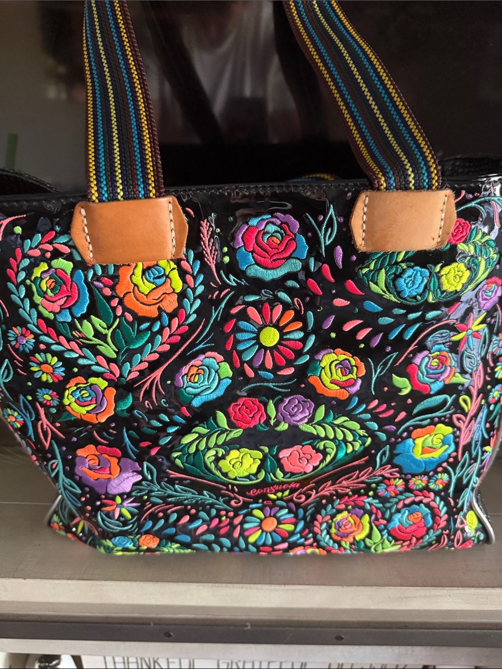 Colorful Floral Embroidered Tote Bag - Black Multicolor